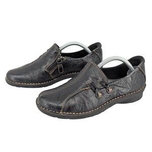 Clarks Black Leather Side Zip Bungee Loafers Slip On Shoes Womens 5.5 M